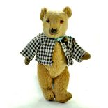Vintage 11.5" Mohair Teddy Bear in checked shirt with Brass Bell. Non working Squeaker. Believed