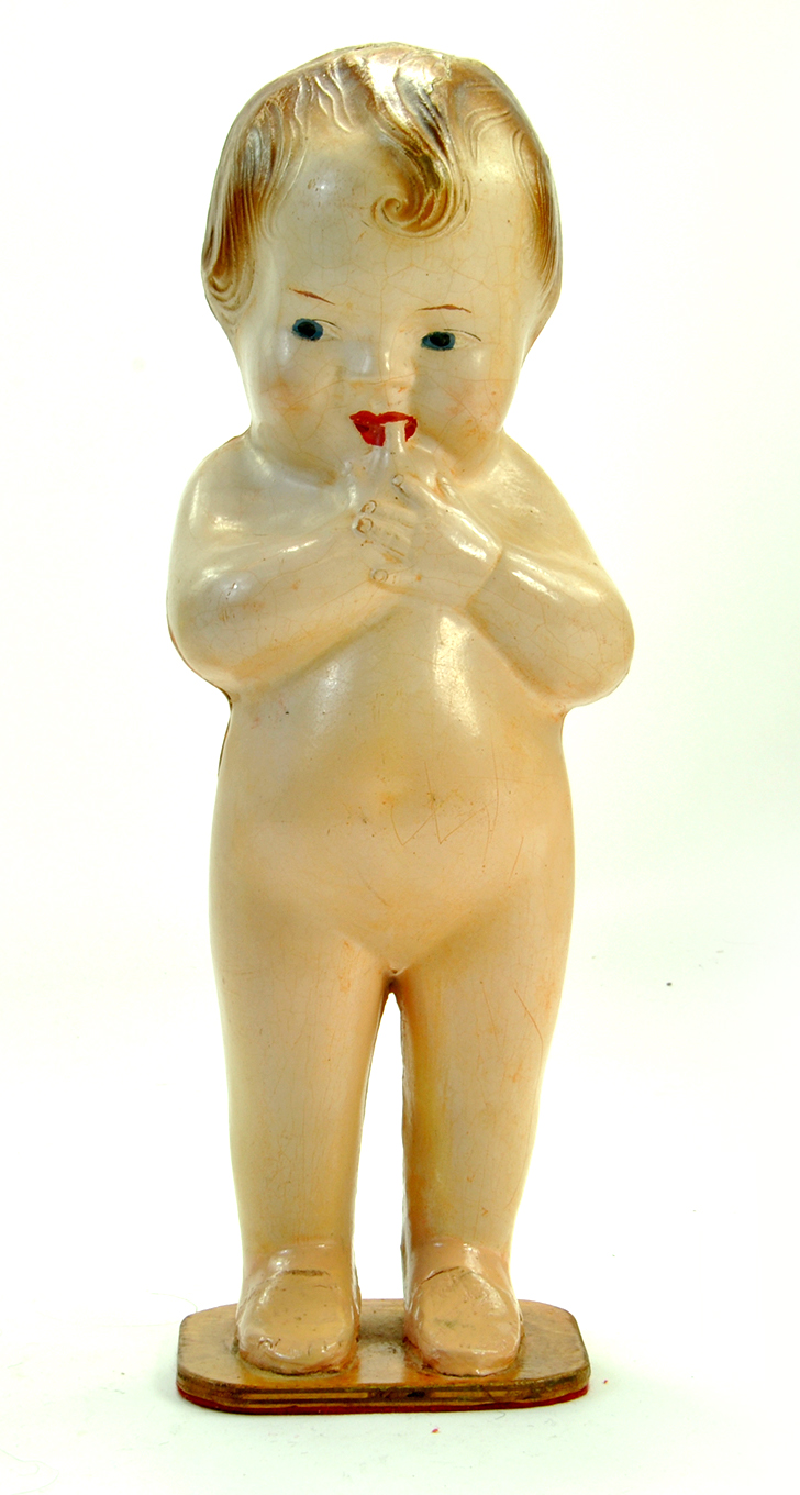 A Large 13” Nude Child doll sucking finger. Minor Kewpie resemblance. No Markings. Bisque, painted