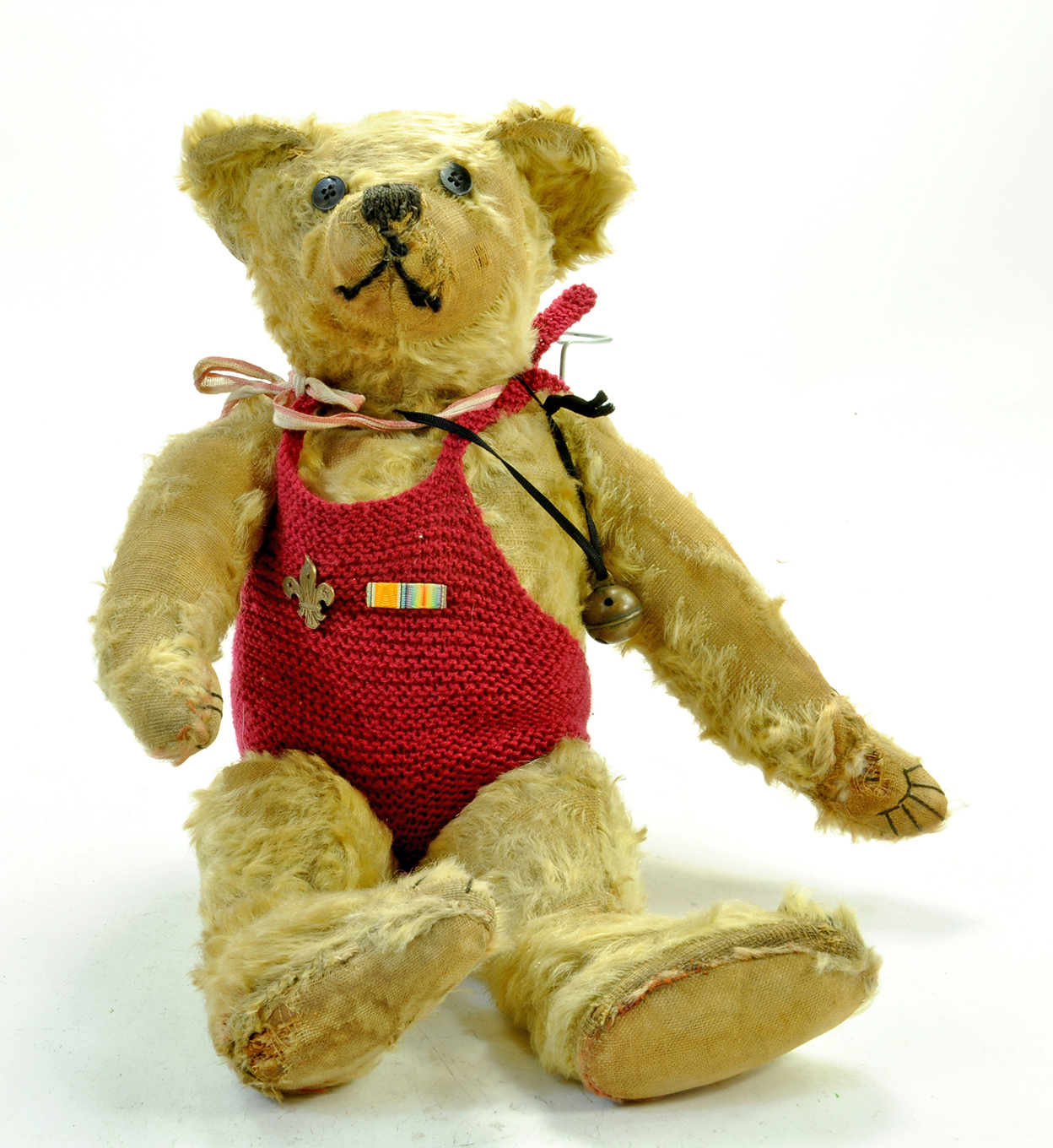 Vintage Large 16" Mohair Teddy Bear in knitted bathing costume with scouts badge. Large brass bell