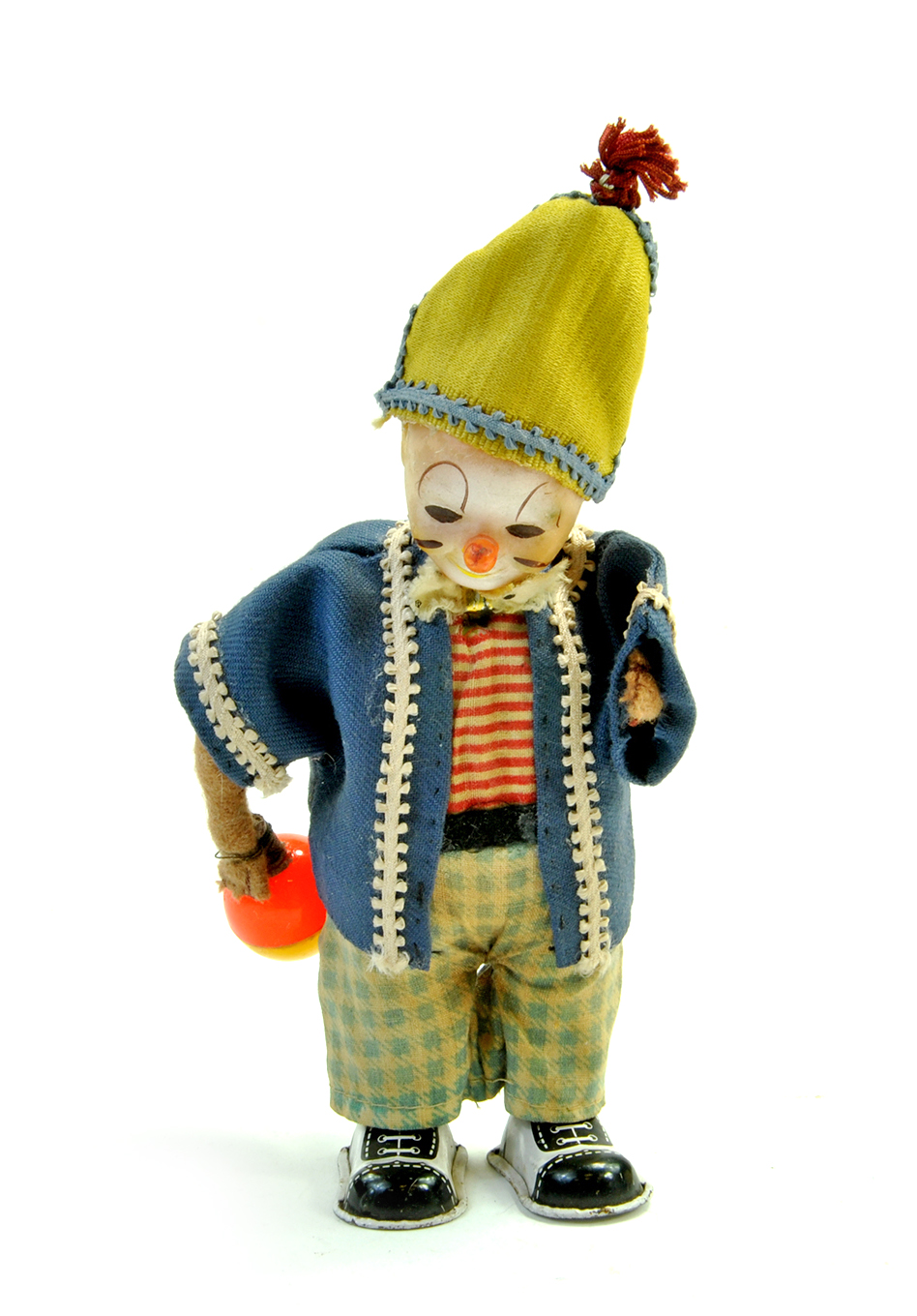 Vintage Mechanical tinplate clown , 8", Made in Japan. Fabric Dressed with Plastic Ball & Hand