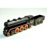 A Rare Pull-Along, approx 0 Gauge, Black Wooden Steam Locomotive with Tender. Still a bright item of