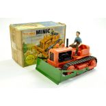 Triang Minic larger scale Crawler Tractor Bulldozer in orange black plastic, green metal dozer blade