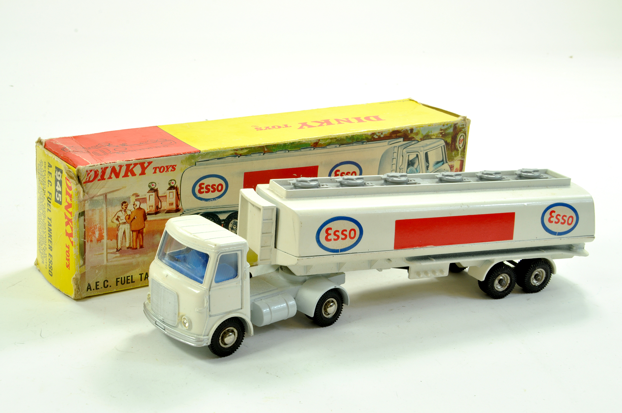 Dinky No. 945 AEC Fuel Tanker Esso Tiger in my Tank. White with Blue Interior, grey tanker top