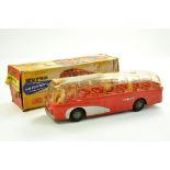 Mettoy Large Battery Powered Luxury Motor Coach in red with silver flashes. Plastic roof housing