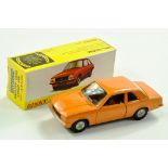 Dinky Toys (Spain) No. 011543 Opel Ascona in orange with brown interior and solid metal wheels.