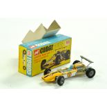 Corgi No. 159 Cooper Maserati Formula 1 Racing Car in two-tone yellow with driver and cast hubs.