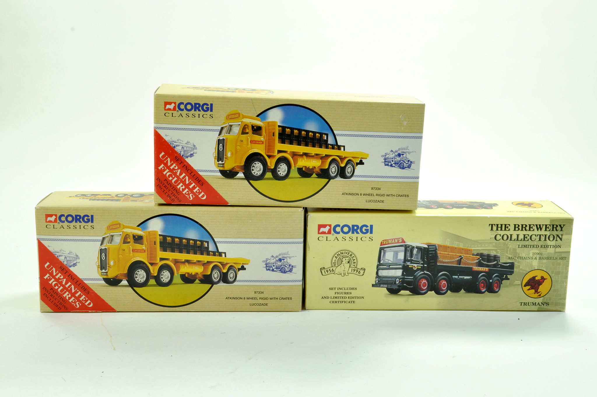 Corgi Classics diecast trio comprising No. 97334 Atkinson 8 Wheeler (Lucozade) x 2 plus No. 20901