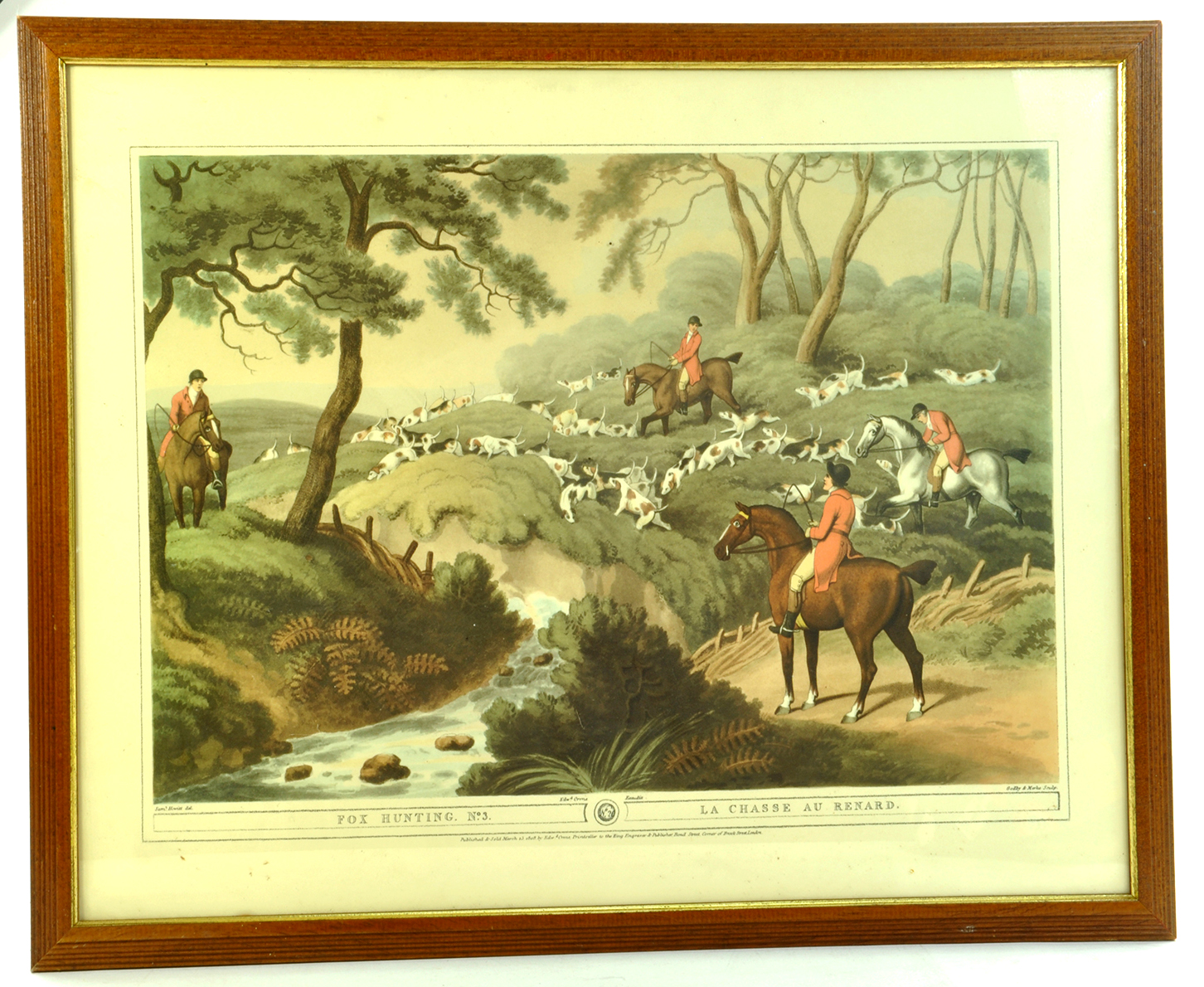 A large Framed attractive print, Fox Hunting No. 3, La Chasse Au Renard. Samuel Howitt. Enhanced