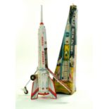 Masuya Tinplate mechanical Moon Rocket Toy. 15" Rocket appears to function. Generally good to very
