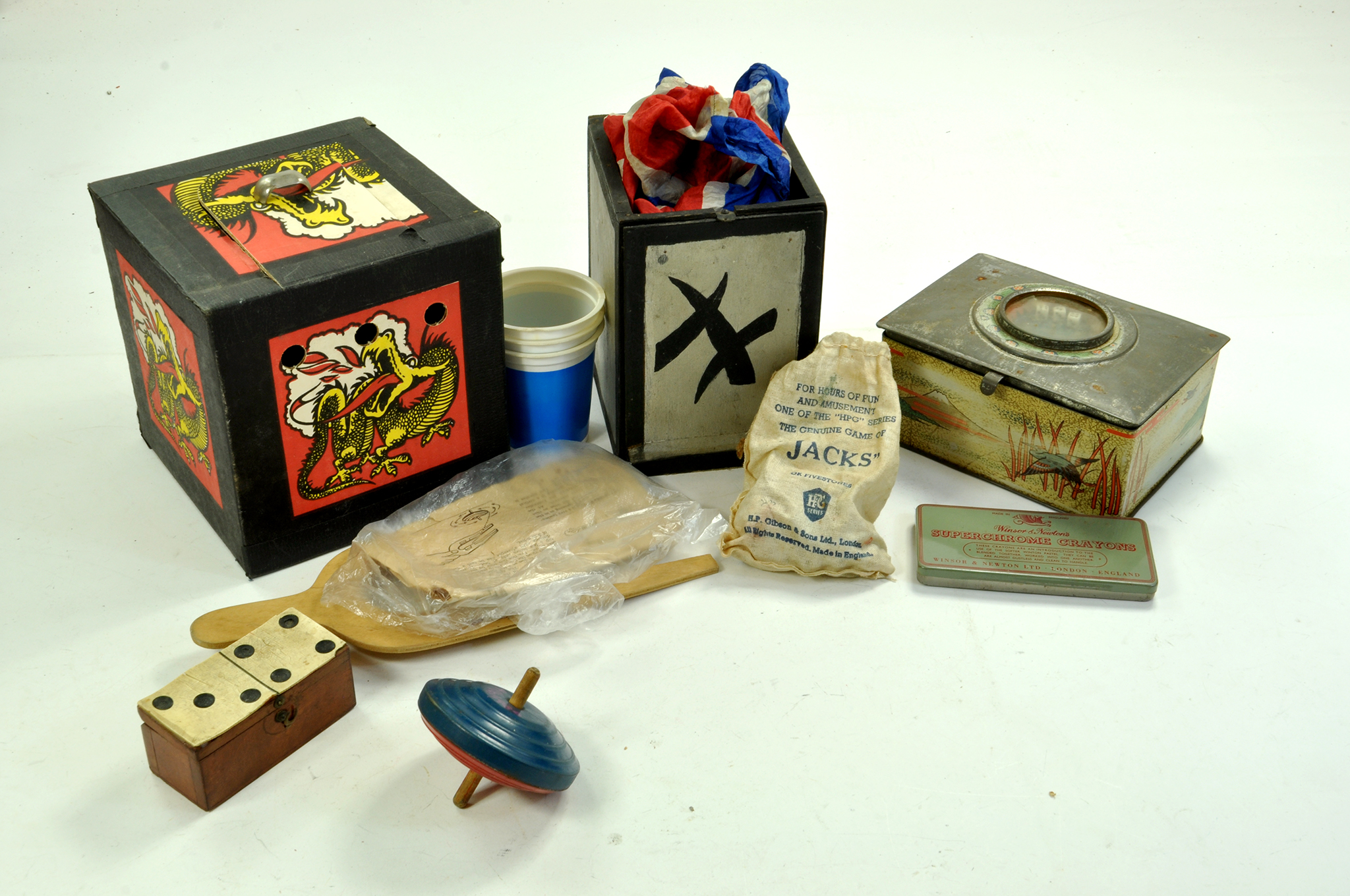 Various vintage toys including original complete set of Windsor Newton Crayons. Enhanced Condition