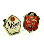 Collectible Breweriana Beer Ale Pump Clips. Metal Greene King Abbot Ale plus Fuller's London Pride