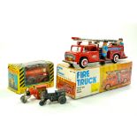Trio of larger scale Tin Plate Road Rollers, various makers plus boxed Chinese Tin Fire Engine.