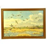 A large Framed attractive print, Wildfowl Marshland scene. Possibly Peter Scott. Enhanced