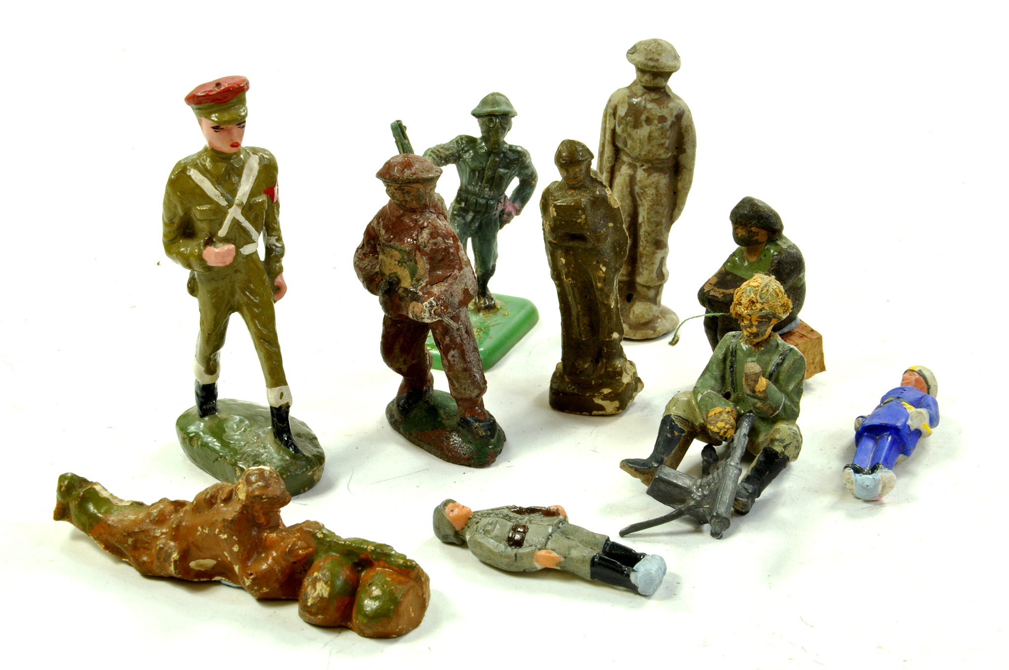 Misc group of compositional figures, various makers. Fair, notable wear on some. Enhanced