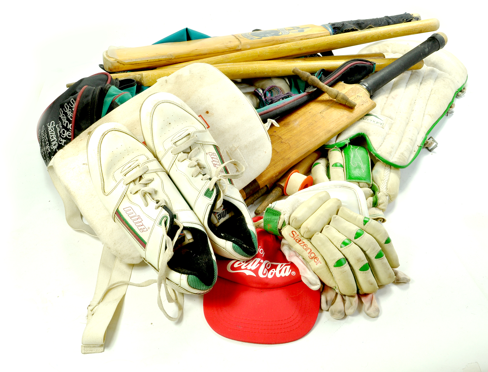 A 1980's / 90's group of Cricket Equipment comprising Bag, Bat, Pads, Stumps and other items.