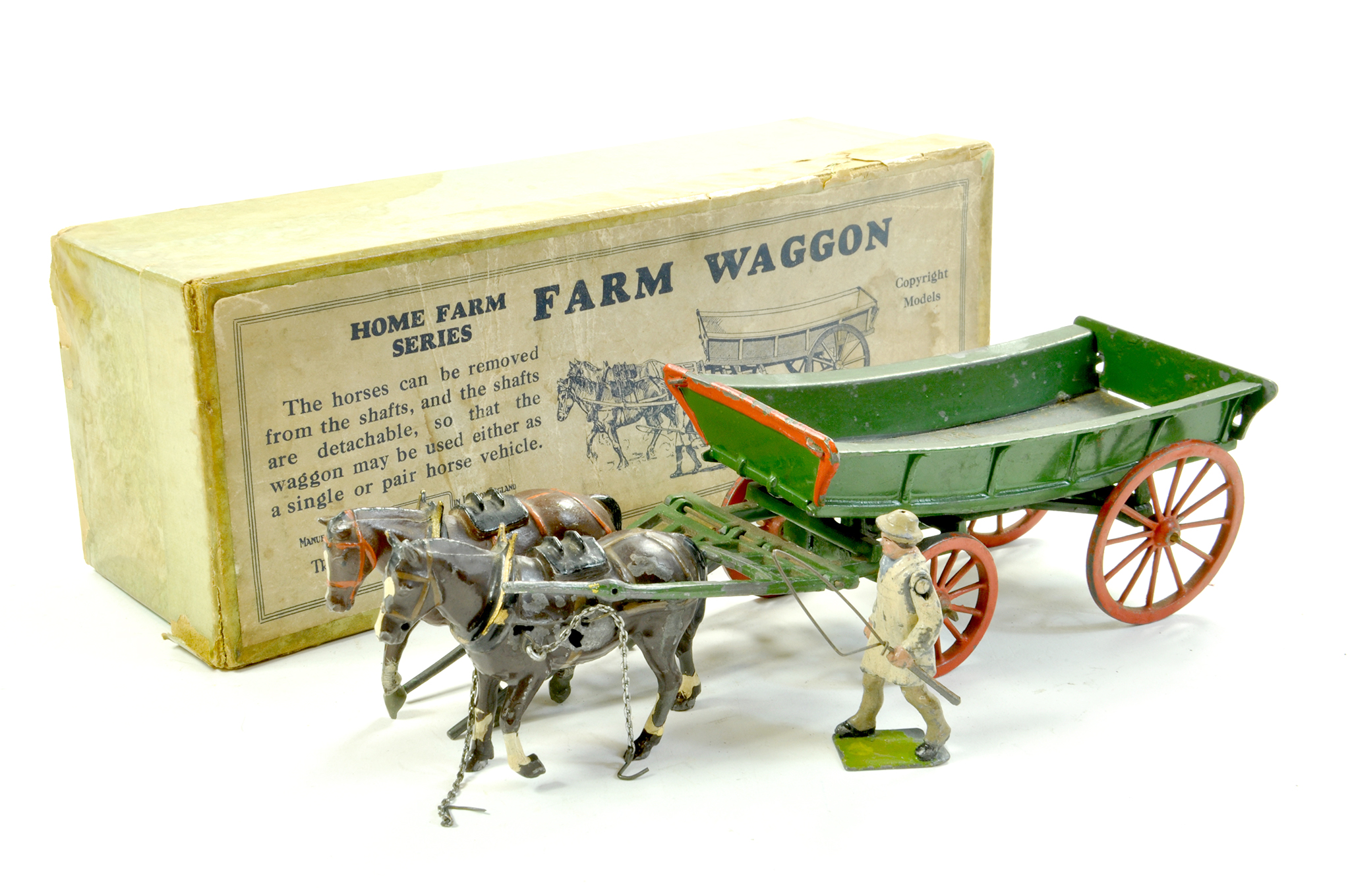 Britains No. 5F Home Farm Series Farm Wagon set, comprising dark green 4 wheel wagon, driver