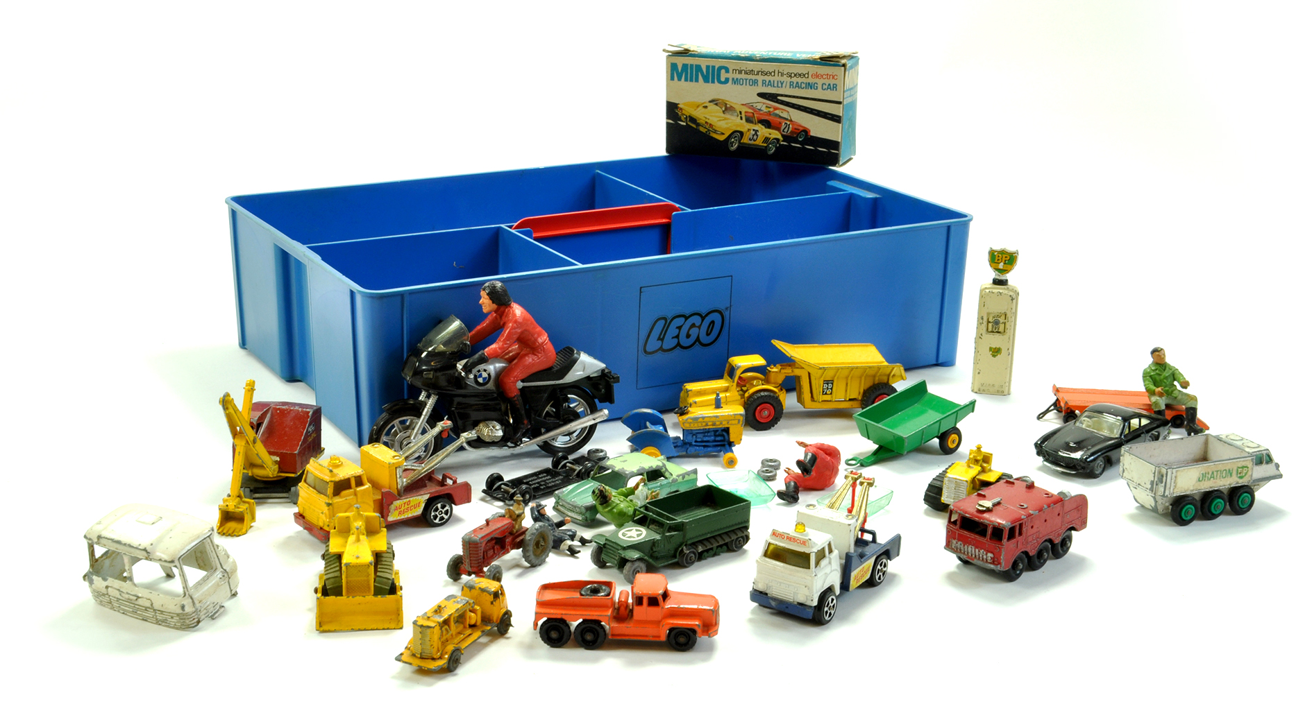 Misc worn diecast group, various makers including Minic Empty Box and Lego Tray.  Enhanced Condition