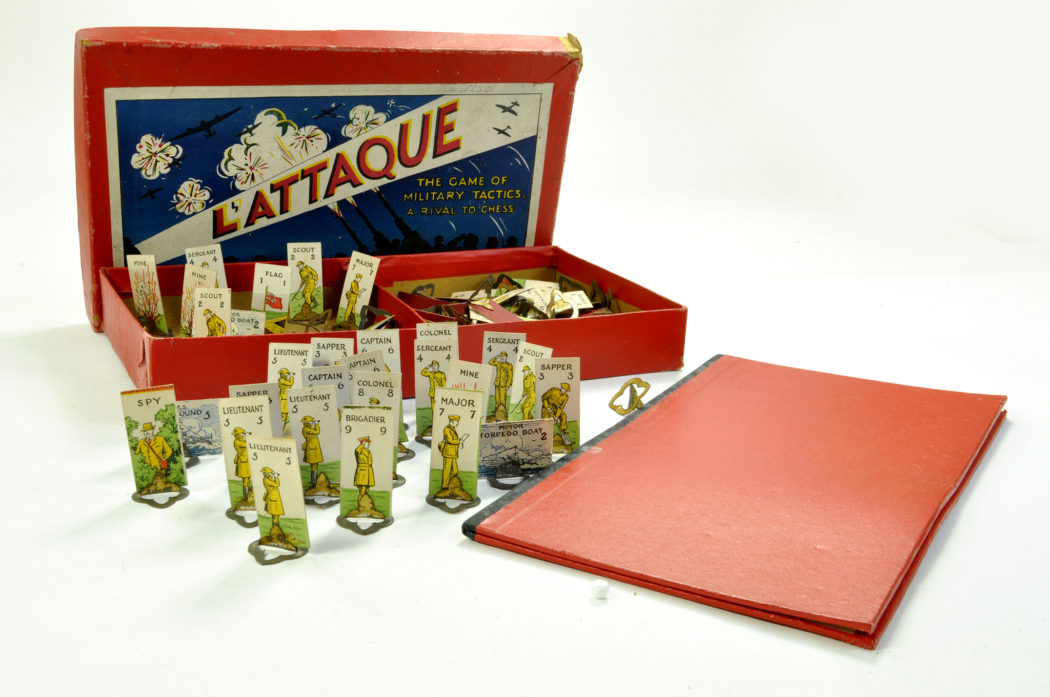 Vintage game of L'attaque. Strategy game looks predominantly complete with many figures. Enhanced