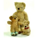 Trio of vintage bears. Mostly well loved, generally fair to good. Likely British Made. Enhanced