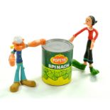 Vintage Popeye Figure Duo including Plastic Spinach Tin. Very Good.  Enhanced Condition Reports: