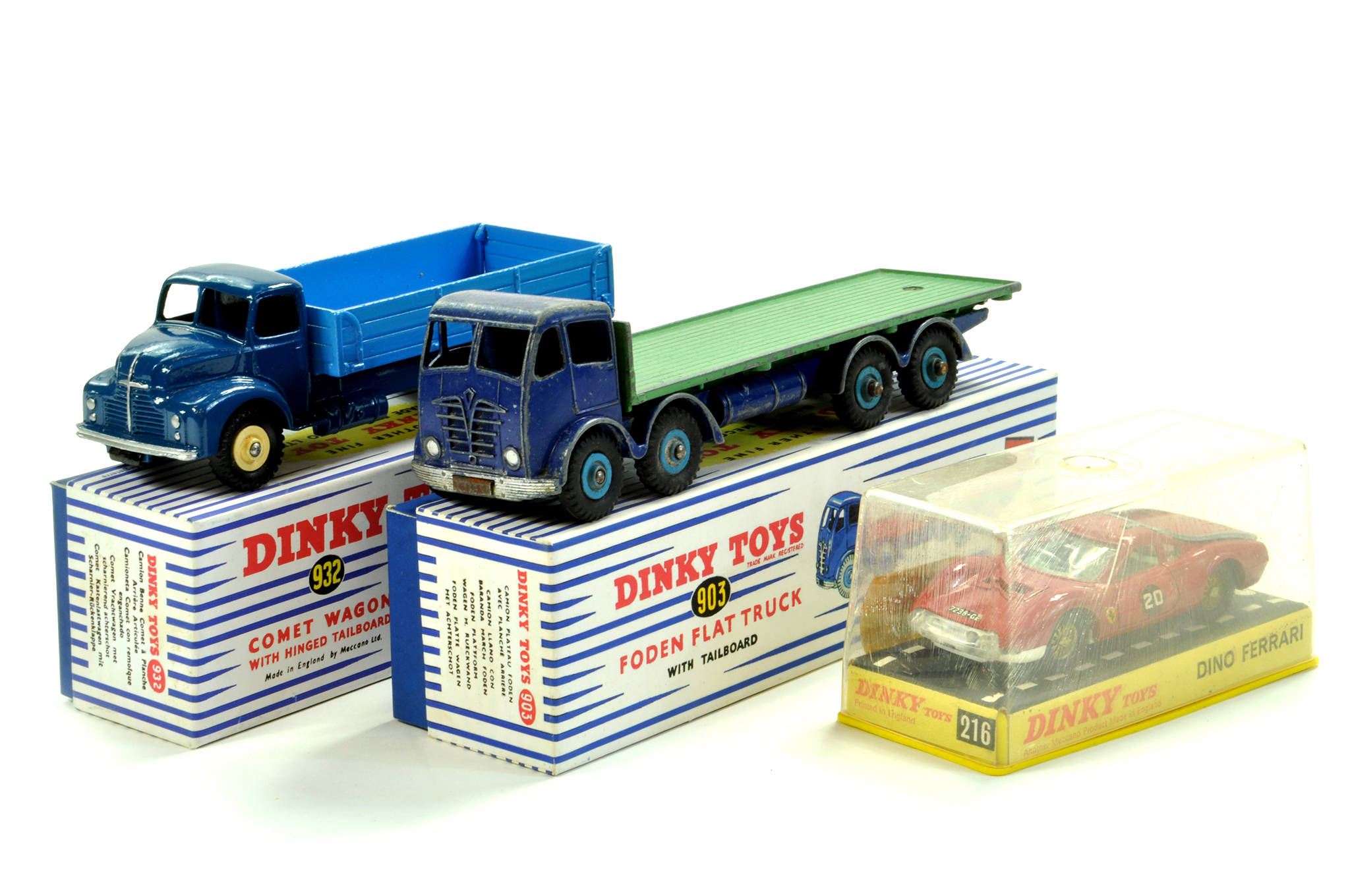 Dinky No. 932 Leyland Comet Wagon, restored plus Foden Flatbed and No. 216 Dino Ferrari. Repro boxes