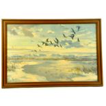 A large Framed attractive print, Wildfowl Marshland scene. Possibly Peter Scott. Enhanced