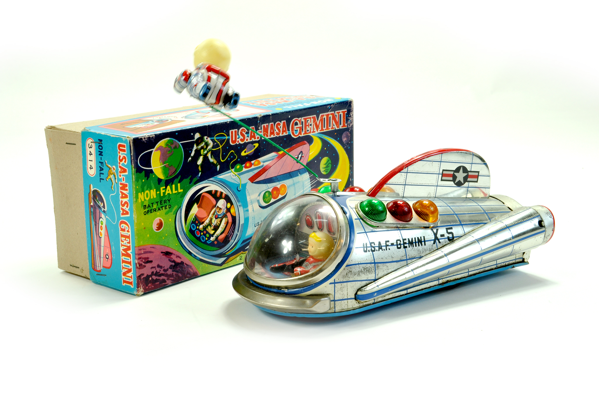 Vintage MASUDAYA Modern Toys No. 3414 Japan 10" USA Nasa Gemini Battery Operated Rocket Ship with