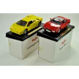 Duo of 1/18 Maisto diecast cars, Lamborghini and Ferrari. Appear very good, lamborghini needs mirror