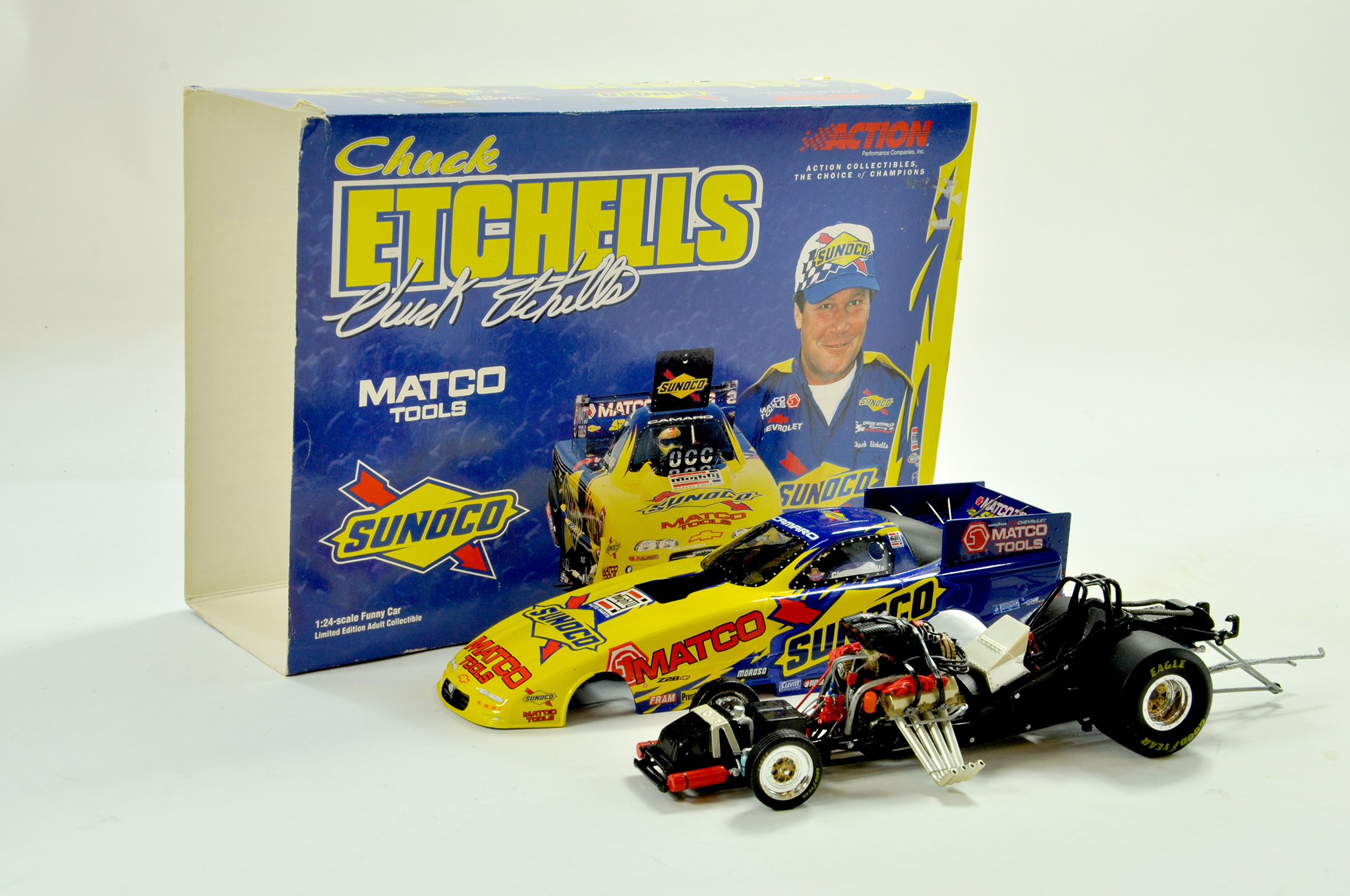 Action 1/24 high detail diecast Limited Edition Chuck Etchells Sunoco Funny Car. Complete with box