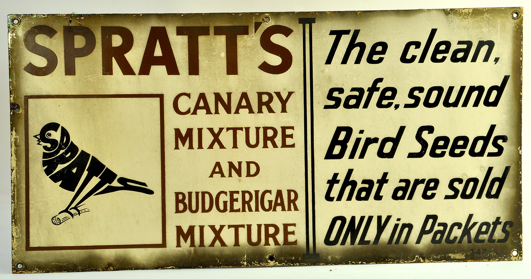 An original Spratts Antique Enamel Advertising Sign for Spratts Canary / Budgerigar Mixture. 1940's.