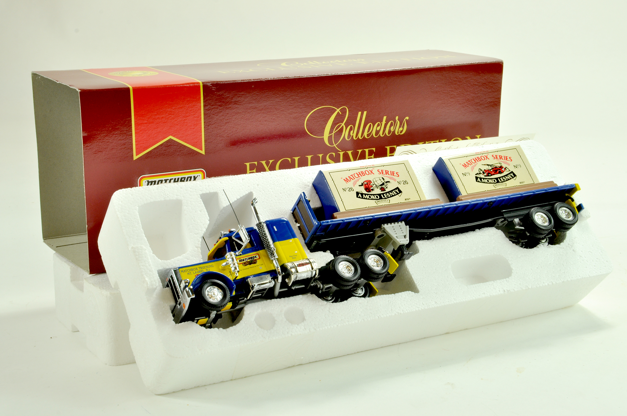 Matchbox Diecast Truck issue comprising Peterbilt Truck with Trailer plus duo of boxed Matchbox