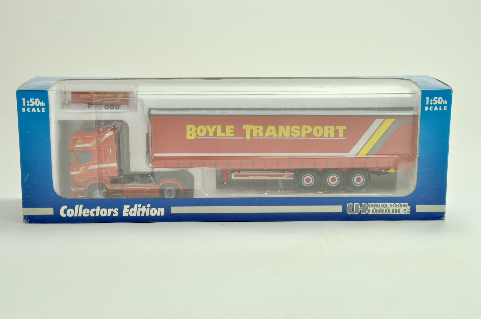 Universal Hobbies Diecast Truck issue comprising 1/50 Scania Curtainside in the livery of Boyle