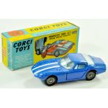 Corgi No. 324 Marcos 1800 GT. Issue has blue body, white bonnet stripes, pale blue interior with