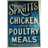 An original Blue Spratts Antique Enamel Advertising Sign for Spratts Chicken and Poultry Meals. Very