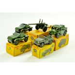 Dinky Group of Military Vehicles comprising Scout Car, Austin Champ, Artillery Tractor, Medium Gun