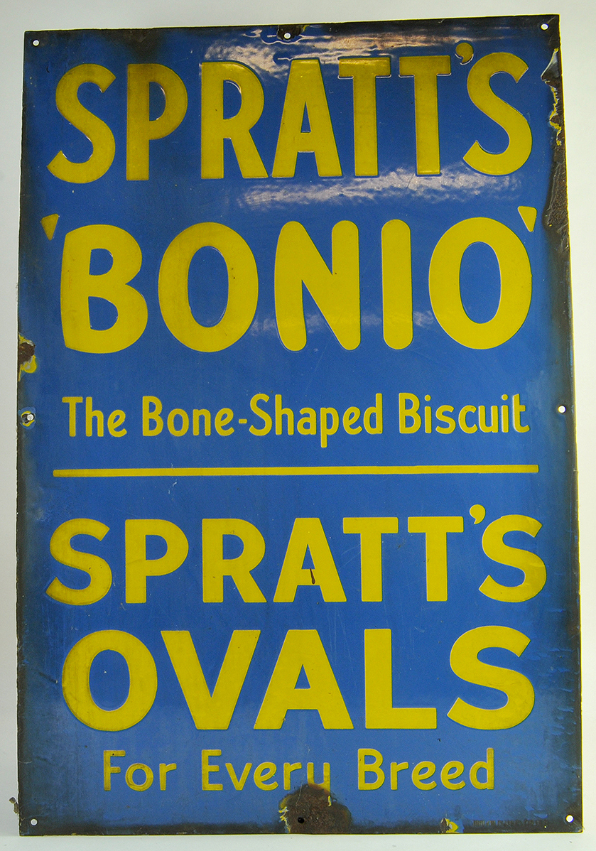 An original Blue Spratts Antique Enamel Advertising Sign for Spratts Bonio and Spratts Ovals. 1920'