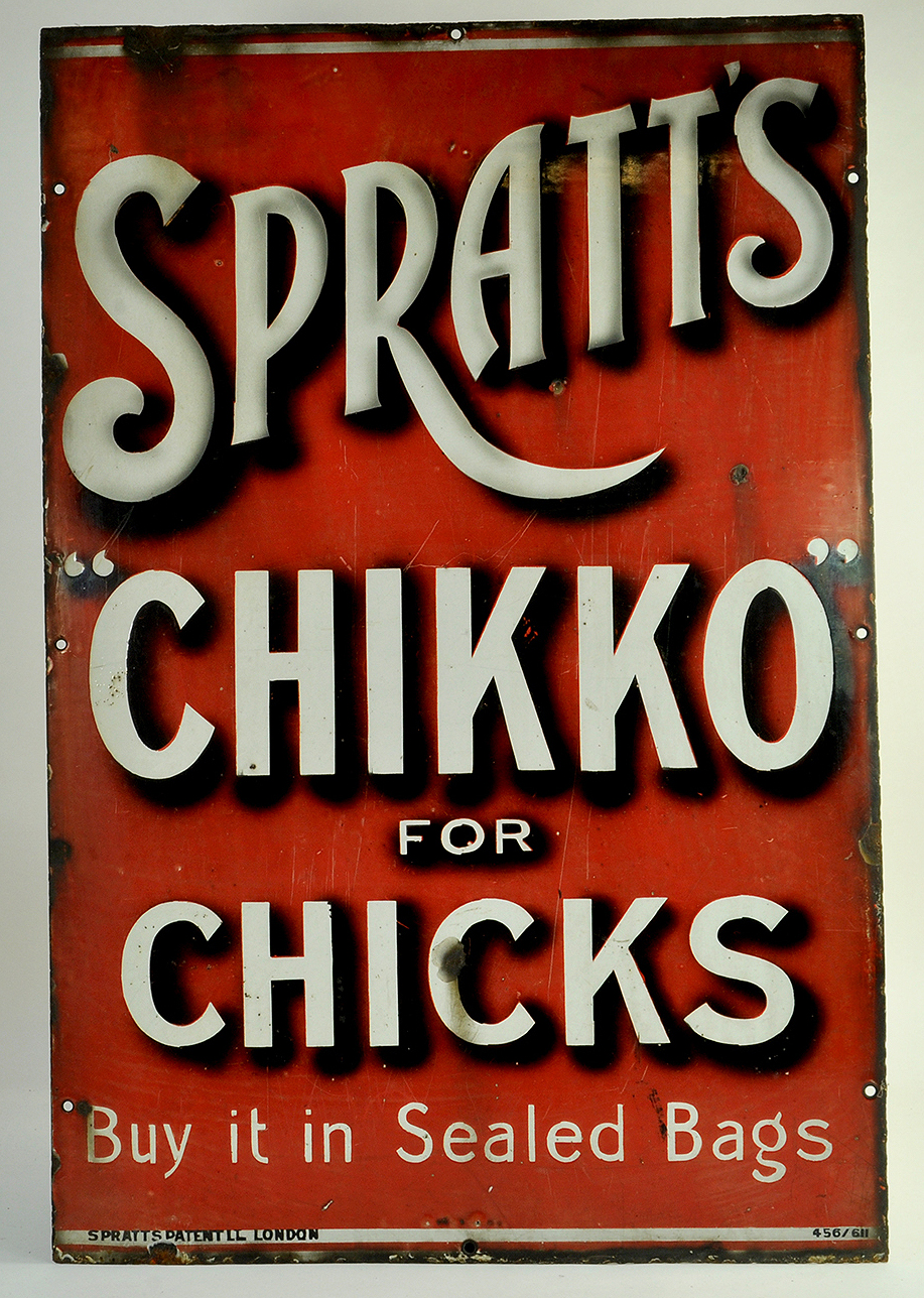 An original Red Spratts Antique Enamel Advertising Sign for Spratts Chikko Chick food. Very early