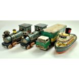 A group of tinplate comprising duo of Modern Toys Locomotives, Truck and Boat. All generally worn,