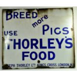 An original Joseph Thorley Antique Enamel Advertising Sign for Thorleys Food, Breed More Pigs. Width