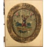 A circa 1840 Aubusson cartoon seat panel design depicting gentleman drinking from a bottle,