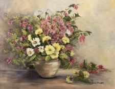 JUNE COOPER "Flowers in a vase" still life study, oil on board,
