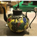 A 19th Century Chinese miniature porcelain teapot with bronze relief embellishments depicting