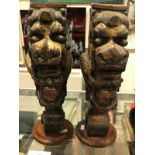 Two 19th Century Chinese carved wood gilded and painted brackets as four toed dragons on scroll
