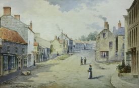 C J NORTON "Kirby Moorside", a village scene with figures, watercolour, titled,
