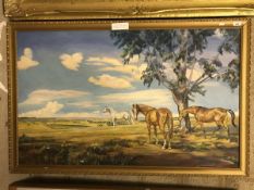 MARY ELWELL "Three Horses in Kenya Highlands (Eldoret)" oil on board signed and dated 1956 lower