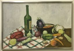 PETER COLLINS "Still life with fruit and veg" oil on panel signed and dated '82 lower right