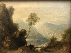 J POOLEY "Figures on a bridge", landscape depicting figures seated near a bridge in the foreground,