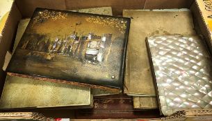 A box containing various blotters and folders including a mother of pearl gilt decorated and