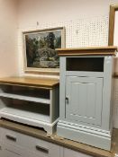 A Painted Furniture Company "Oxford" grey painted corner TV unit with oak top,