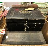 A box of various leather covered and lacquered boxes including a George III deed box by "J.